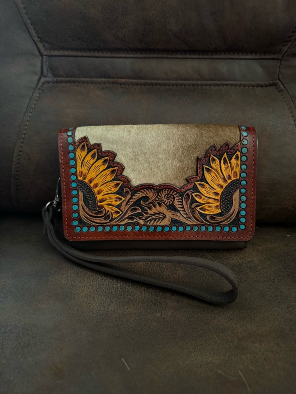 Leather Wristlet Wallet with Sunflower Tooled Design with Cowhide